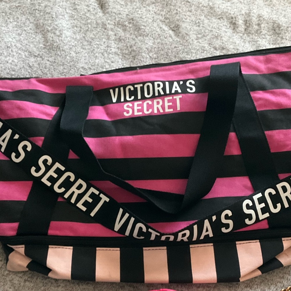 Victoria's Secret PINK & BLACK Stripe Oversized Tote Bag Separate zipper bottom